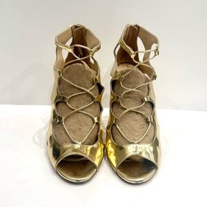 Jimmy Choo Gold Metallic Cage Heels | Statement Evening Sandals）